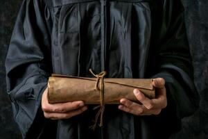 homem dentro graduação vestido segurando enrolado papel foto