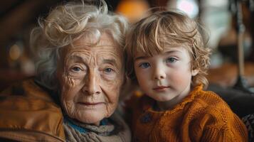 Mais velho mulher e jovem Garoto com azul olhos foto