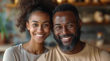 retrato do a idosos africano americano casal sorridente calorosamente dentro seus cozinha cercado de fresco legumes. foto