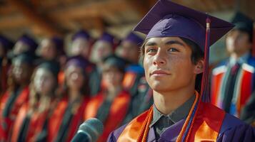 jovem homem vestindo graduação boné e vestido foto