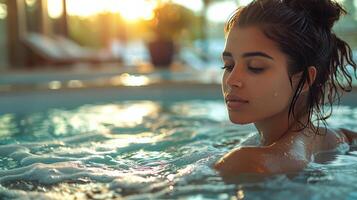 mulher natação dentro piscina às pôr do sol foto