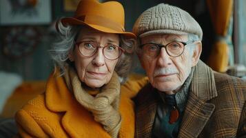 Mais velho homem e mulher vestindo chapéus e lenços foto