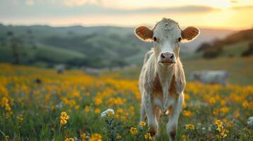 vaca em pé dentro campo do amarelo flores foto