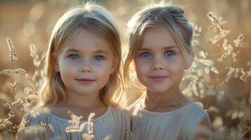 dois jovem meninas em pé dentro uma campo do alta Relva foto