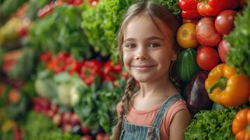 pequeno menina em pé dentro frente do parede do legumes foto