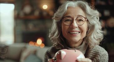 Mais velho mulher segurando Rosa porquinho banco foto