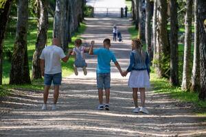 uma pai de brincadeira balanços uma criança entre ele e dela irmãos, Como elas andar mão dentro mão baixa uma arborizada caminho, capturando a essência do família vínculo e compartilhado alegria. foto