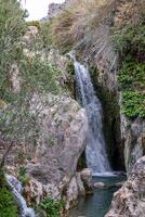 uma limitar cascata mergulhos para dentro uma escondido Rocha piscina, flanqueado de áspero falésias e selvagem arbusto debaixo uma suave céu. foto