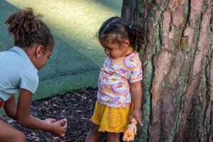 a Mais velho africano americano criança ajoelha-se para mostrar alguma coisa para uma mais jovem criança de uma árvore, ilustrando uma momento do Aprendendo e interação dentro a ao ar livre contexto. foto