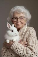 a elegante idosos senhora com prata cabelo embalando uma branco coelho, conjunto contra uma sólido pano de fundo. exala uma concurso momento e poderia servir para retratar gentileza ou idosos companhia foto