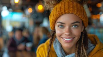 mulher vestindo óculos sorridente às Câmera foto