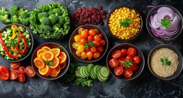 sortido frutas e legumes arranjado dentro taças foto