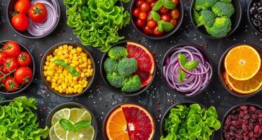 sortido frutas e legumes arranjado dentro taças foto