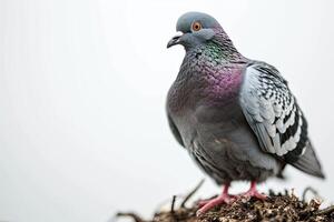 uma Pombo em pé em pequeno raiz, branco cópia de espaço em certo, foto