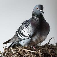 uma Pombo em pé em ninho, branco cópia de espaço em certo foto