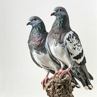 uma casal pombos em pé em pequeno raiz, branco cópia de espaço em certo foto