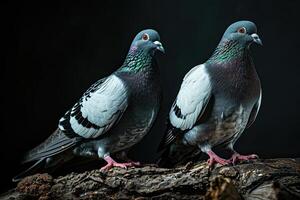 uma casal pombos em pé em pequeno raiz, cópia de espaço em certo foto