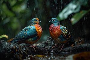 uma casal do fruta pomba em pé dentro pequeno raiz dentro chuva outono foto