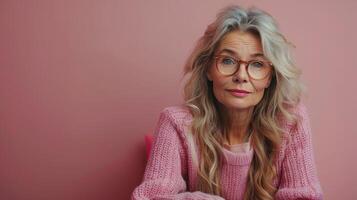 mulher vestindo óculos e Rosa suéter foto