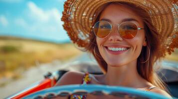 mulher dentro carro vestindo oculos de sol e sorridente foto