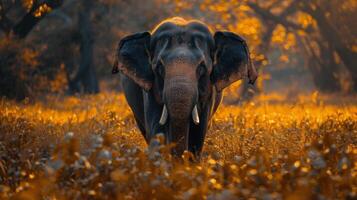 elefante caminhando através floresta preenchidas com folhas foto