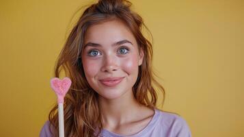 jovem menina segurando Rosa coração em forma pirulito foto