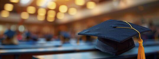 graduação boné e pendão contra embaçado fundo foto