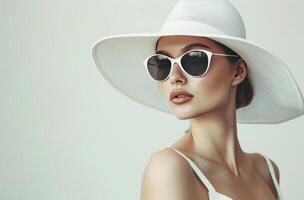 mulher vestindo branco chapéu e oculos de sol foto