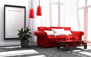 sofá vermelho em um fundo de parede branca de sala de estar. Renderização 3d foto