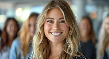 fechar-se retrato do uma sorridente jovem mulher com Loiras cabelo dentro uma embaçado fundo foto