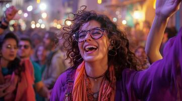 mulher com encaracolado cabelo dançando às uma período noturno festival foto