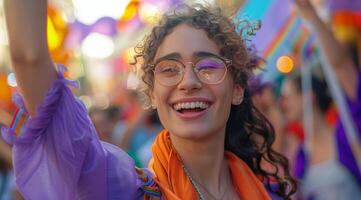 mulher com encaracolado cabelo sorridente dentro roxa camisa às ao ar livre festival foto