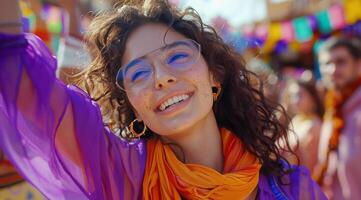 mulher com encaracolado cabelo sorridente dentro roxa camisa às ao ar livre festival foto