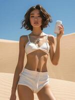 mulher dentro branco bikini segurando protetor solar dentro deserto dunas foto