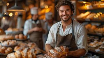 sorridente homem segurando pão do pão foto