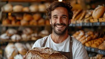 sorridente homem segurando pão do pão foto