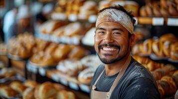 sorridente homem segurando pão do pão foto