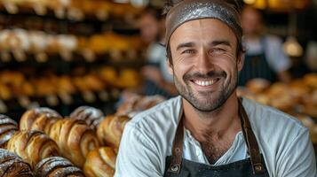 sorridente homem segurando pão do pão foto