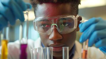 jovem cientista realizando experimentos com teste tubos dentro uma laboratório. macro tiro com protetora óculos refletindo colorida produtos químicos. foto