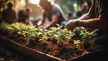 ai gerado pessoas noivando dentro comunidade jardinagem, plantio pequeno verde mudas. sustentável vivo e comunidade atividade conceito. Projeto para educacional material, comunidade divulgação programa. foto