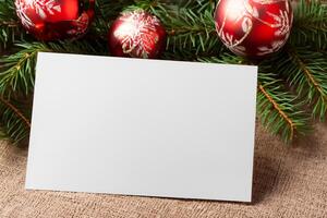 lindo brincar branco cartão com Natal enfeites, uma festivo toque para seu feriado saudações foto