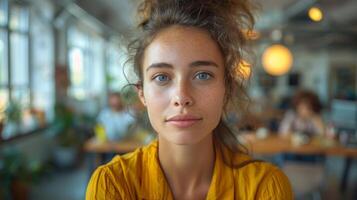 mulher dentro amarelo camisa olhando às Câmera foto