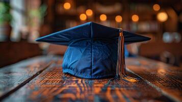 azul graduação boné em de madeira mesa foto