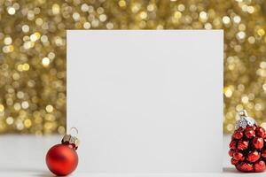 lindo brincar branco cartão com Natal enfeites, uma festivo toque para seu feriado saudações foto