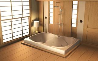 parede e piso de madeira do banheiro com design zen - estilo japonês. Renderização 3d