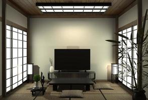 maquete de smart tv com tela preta em branco pendurada na decoração do gabinete, estilo japonês de sala de estar moderna. Renderização 3d foto