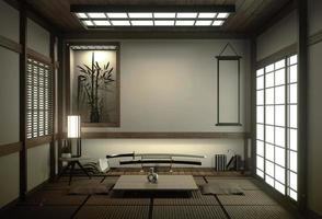 sala do japão com piso de tatame e decoração em estilo japonês foi projetada em estilo japonês. Renderização 3D foto