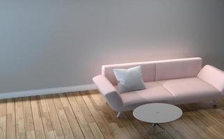 design moderno da sala de estar - sofá rosa, travesseiro e mesa, piso de madeira na parede branca vazia. Renderização 3d foto