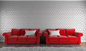 sofás e travesseiros vermelhos, tapete, piso de madeira na parede de tijolos vazia. Renderização 3d