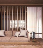 sofá de madeira design japonês, piso de madeira japonesa na sala e lâmpada de decoração e vaso de plantas.
